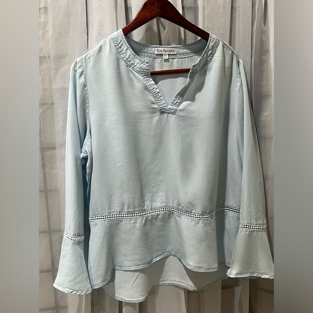 KIM ROGERS CHAMBRAY LIGHT BLUE PEASANT BELL SLEEVE POPOVER BLOUSE SIZE XXL